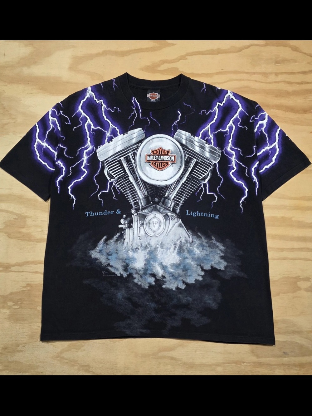 Vintage 90s Harley Davidson Lightning & Thunder All Over Print Shirt XXXL